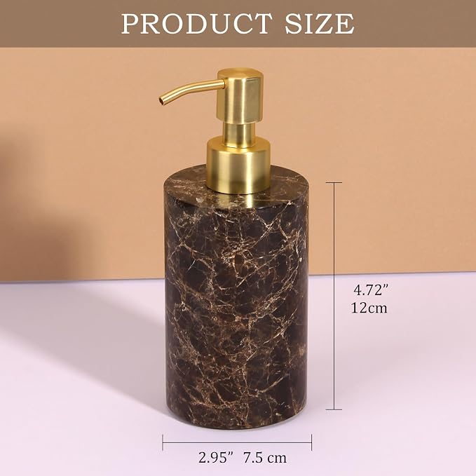 Natural Marble Soap Dispenser for Bathroom and Kitchen Countertop - 5.41 Ounces Hand Lotion and Liquid Stone Shampoo Laundry Bottle with Pump (1, Dark Brown, Cylindrical Bottle)