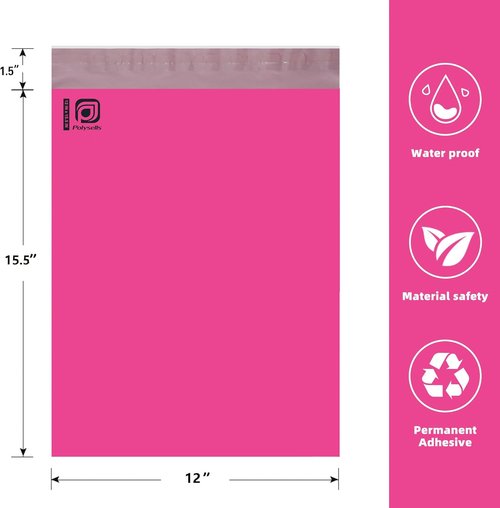 POLYSELLS Pink Poly Mailers - 200 Pcs 12x15.5 Inches | Strong Adhesive, Waterproof & Tear-Resistant Shipping Envelopes for Small Business