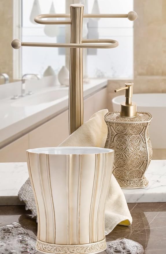 Creative Scents Victoria Bathroom Trash Can 1.32 Gal / 5L - Decorative Bathroom Wastebasket - Durable Beige Waste Bin - Waste Basket for Bathroom, Bedroom, Powder Room or Living Room Decor