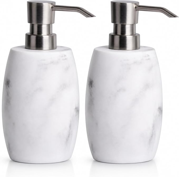 Clasin Home Resin Soap Dispenser Set 2, Refillable Hand Soap Dispenser with White Marble Look and Metallic Pump, Kitchen, Bathroom, Waterproof Labels (12 Oz)