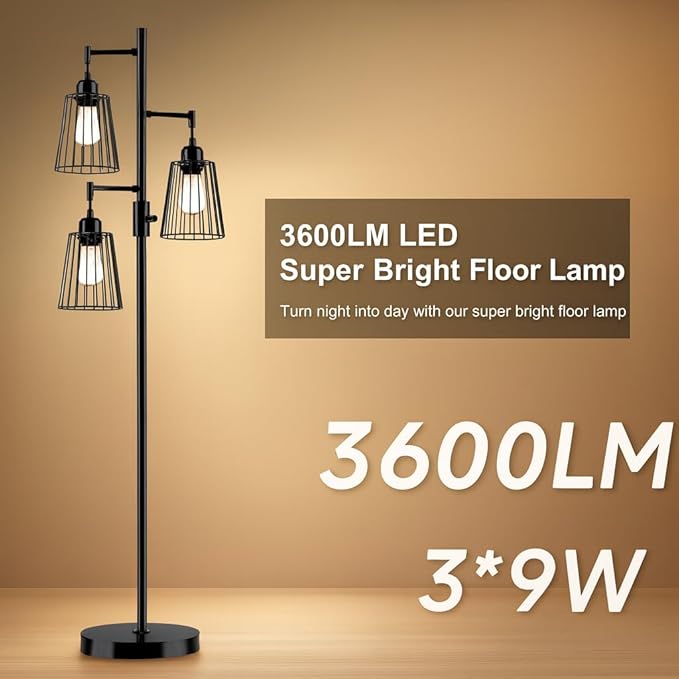 PESRAE Dimmable Industrial Floor Lamp, Farmhouse Floor Lamp Standing Lamp with 3 Elegant Teardrop Cage Heads & Included 3 x 1200LM Edison LED Bulbs, Tall Lamp for Living Room, Bedroom (Matte Black)