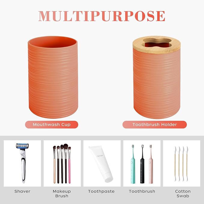 4 PCS Orange Bathroom Accessories Set, Includes a Soap Dispenser, Toothbrush Holder, Soap Dish and Mouthwash Cup, Plastics & Bamboo Bathroom Set, Bohemian Style Bathroom Sink Set