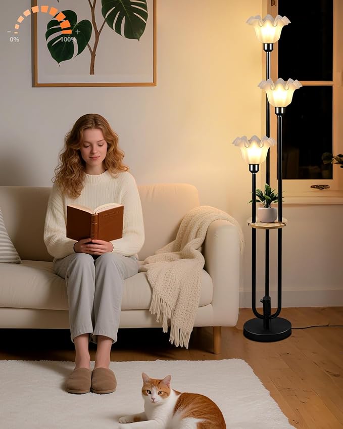 Vintage Flower Floor Lamp for Living Room, Mid Century Modern Floor Lamp Dimmable with Shelf & LED Bulbs, 3 Light 3000K Warmwhite Black Tall Standing Lamp for Bedroom Girls Room Home Decor