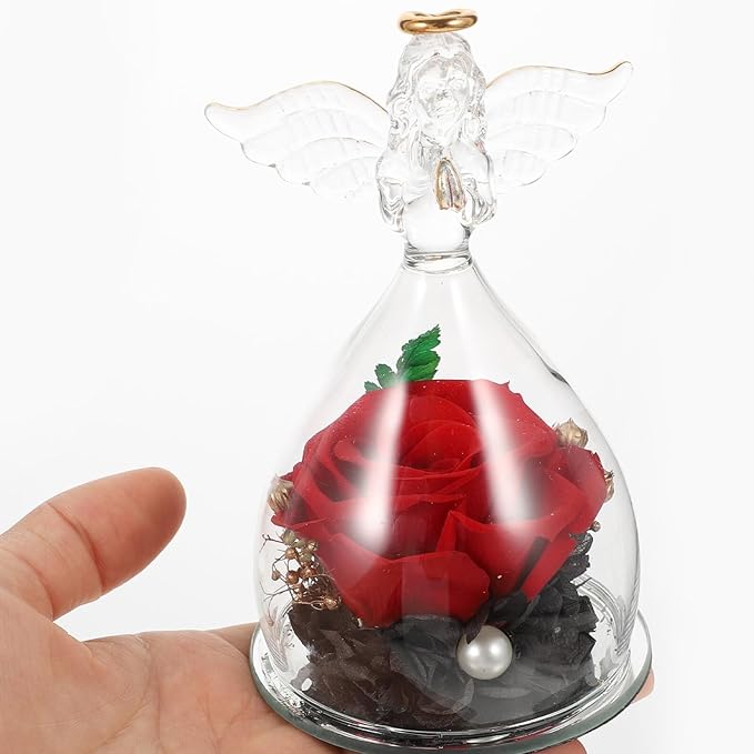 Garneck Eternal Preserved Rose with Angel Figurines in Glass Dome Romantic Desktop Ornament for Birthday Mother's Day Wedding Floral Decoration
