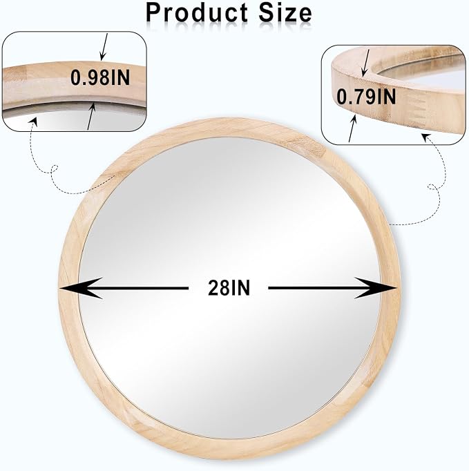 MAGFLERUM 28 Inch Round Wood Mirror - Circle Mirror for Nursery, Boho Style - Wall Decor for Bedroom, Living Room, Hallway (Nature)