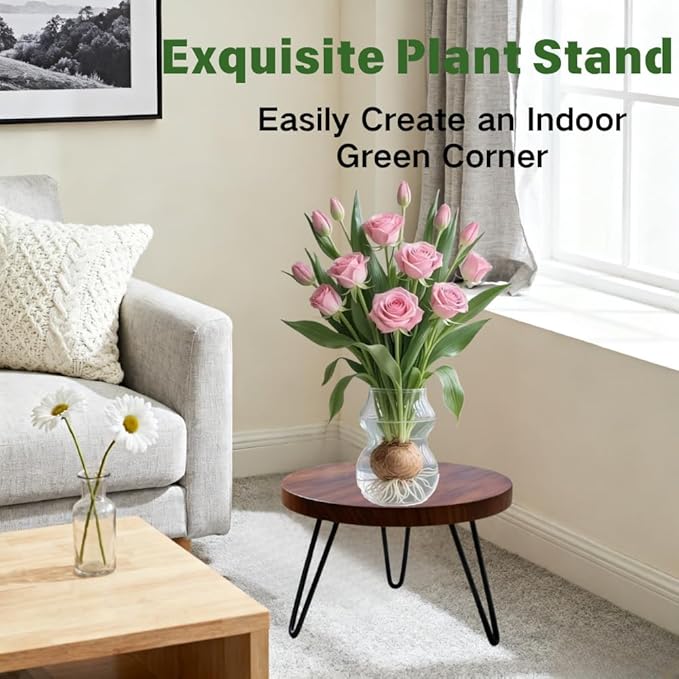 Plant Stands Indoor, Mid Century Wood Planter Stand with Metal Legs, Fits 5 to 13 Inches Pots, Stable Wood Single Small Plant Stool for Living Room, Balcony, Office