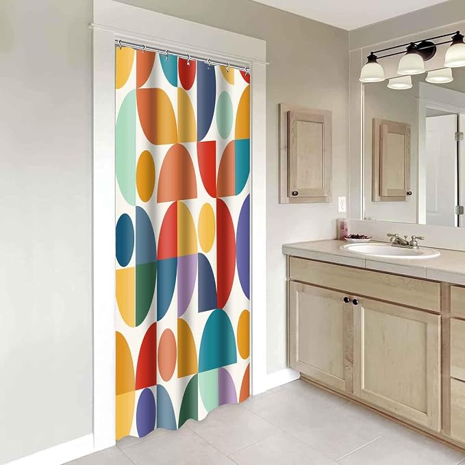 Vintage Colorful Rainbow Mid Century Shower Curtain Modern Abstract Geometric Art Bathroom Curtain Decor 36x72 Inch Washable Fabric Bright Retro Boho Circle Patterned Bath Curtain with 6 Hooks