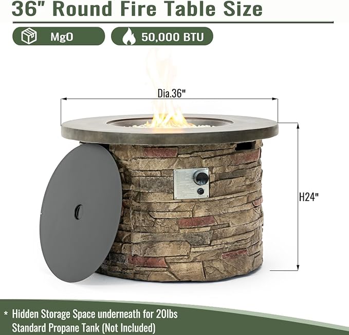 36-Inch Round Outdoor Fire Pit Table, Light Grey Stone Concrete, Modern Contemporary Style with Hidden Tank Storage (Light Grey, One Size)