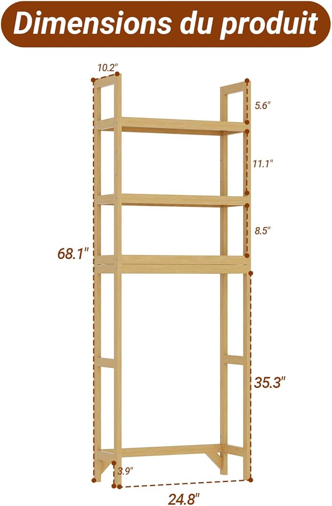 Over the Toilet Shelf, 3-Tier Over Toilet Storage Cabinet with Adjustable Shelves and 4 Hooks, Freestanding Wood Bathroom Organizer Space Saver for Small Bathrooms, Oak