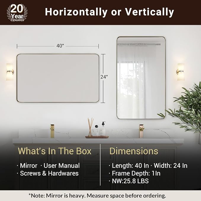 ANDY STAR 24x40 Inch Gold Bathroom Mirror, Stainless Steel Metal Frame with Rounded Corner, Rectangle Glass Panel Wall Mounted Mirror Decorative for Bathroom