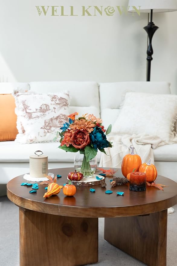 Artificial Flowers in Vase with Fake Water, Faux Silk Peony Dahlia Bouquet, Teal Burnt Orange Flowers Arrangement for Dining Table Centerpiece Wedding Chritmas Party Winter Home Decor & Birthday Gift