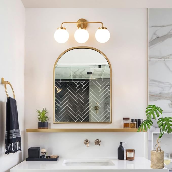 Gold Bathroom Vanity Light Fixtures Over Mirror, 22.4'' Modern Brass 3 Lights Wall Sconce with Milky Glass Ball Shade, Mid Century Farmhouse Vanity Lighting