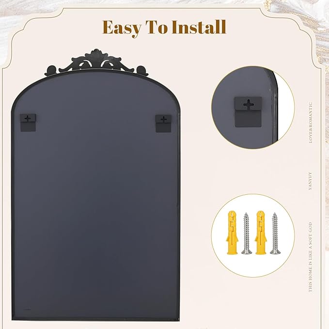 VooBang 26x38 inch Vintage Arched Bathroom Mirror - Gorgeous Wall Vanity Mirror with Beautiful Retro Top and Bottom Engraving Process Frame for Entryway Hallway Living Room, Black