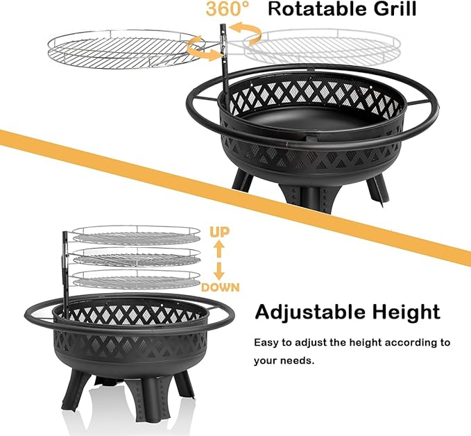 Panovue 32 Inch Outdoor Fire Pit with Grill, Wood Burning Firepit for Outside with Lid/Fire Poker, Metal Round Fire Pit Table for Patio Backyard Garden Bonfire Party
