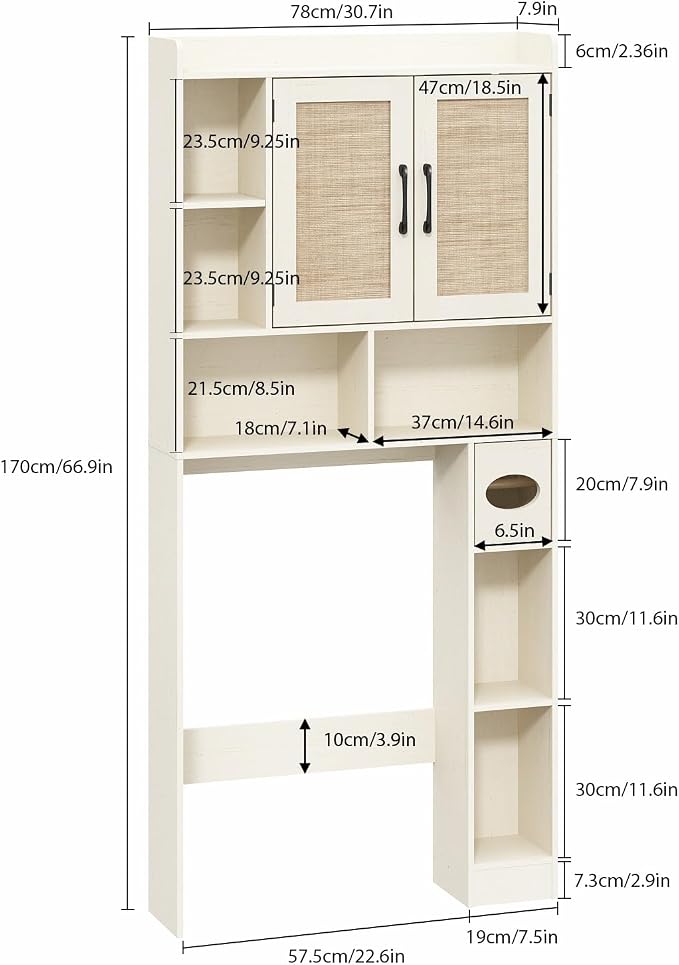 RUSTOWN Rattan Over The Toilet Storage Cabinet,Boho Over Toilet Bathroom Organizer with 2 Doors & Adjustable Shelves,Modern Above Toilet Rack with Toilet Paper Holder for Bathroom (Vintage White)