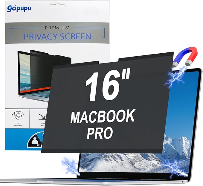 gopupu Magnetic Privacy Screen Protector Macbook Pro 16 Inch 2021-2024 M1 M2 M3 M4 Pro Max, Removable Laptop Screen Protector Privacy Screen Filter Shield Anti Glare Anti Spy