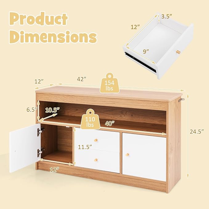 HONEY JOY Kids Toy Storage Organizer, Wooden Floor Storage Cabinet Toy Chest w/Open Shelf, 2 Drawers & 2 Cubbies, Kids Display Bookshelf for Classroom, Playroom & Nursery, Kindergarten (Natural)