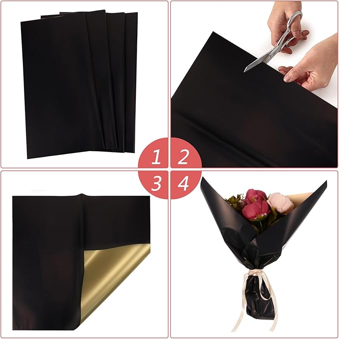 UTHCLO 20Pcs Decorative Wrapping Paper Double-Sided Floral Bouquet Packaging Paper for DIY Crafts Flowers Black and Gold