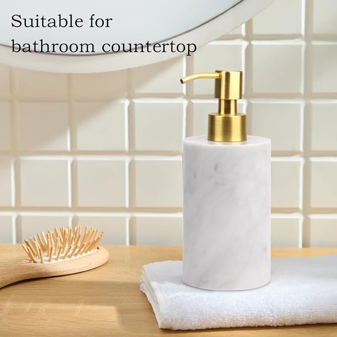 Natural Marble Soap Dispenser for Bathroom and Kitchen Countertop - 5.41 Ounces Hand Lotion and Liquid Stone Shampoo Laundry Bottle with Pump (1, Carrara White, Cylindrical Bottle)