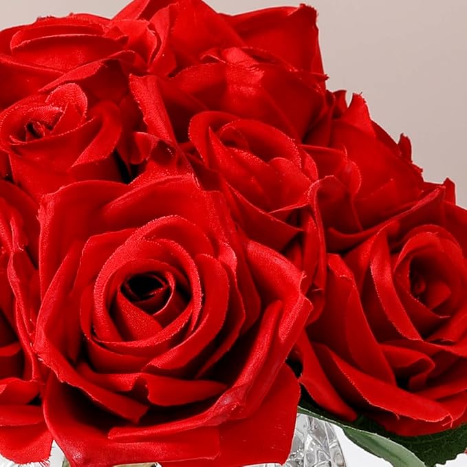 18 Heads Red Rose Fake Flowers in Vase with Fake Water, Silk Rose with Vase for Dining Table Bedroom Wedding Decor (Red)