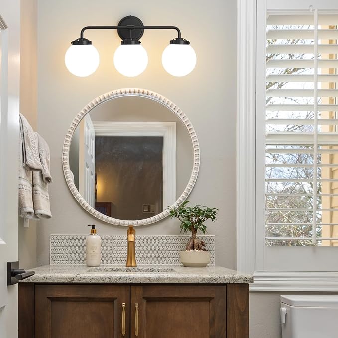 Black Bathroom Light Fixtures Over Mirror, 22.4'' 3-Light Modern Vanity Lighting with Milk White Glass Globe Shade Wall Sconce