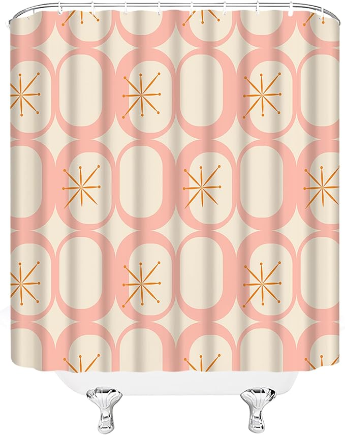 Mid Century Modern Extra Long Shower Curtain Abstract Atomic Geometric Round Squares Retro 50s Pink Fabic with Hooks for Bathroom Decor,70x84 Inch