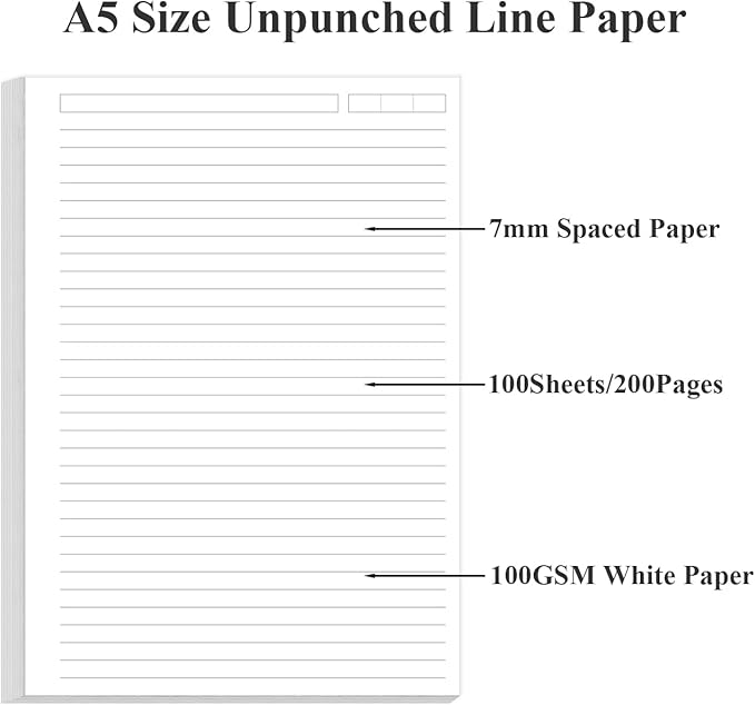 (3-Pack) Unpunched Lined Refill Paper - A5 Loose Leaf Paper for Ring Binder/Discbound Notebook Planner Inserts, 300 Sheets/600 Pages,100gsm Ruled White Pages, 5.8" x 8.25”