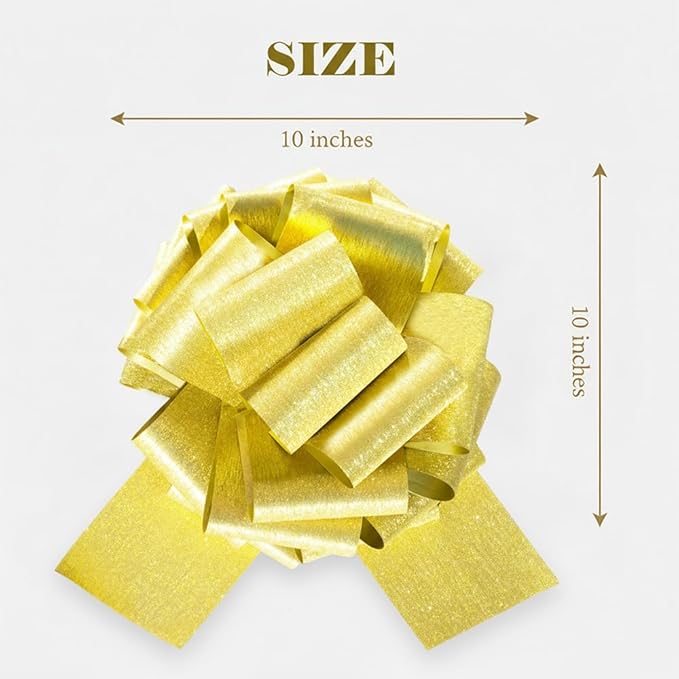 Golden Pull Gift Bows– 10 Inch 2 Pack Instant Brushed Gold Glitter Bows for Present Wrap, Christmas, Wedding, Anniversary, Birthdays, Baby Shower Decorations