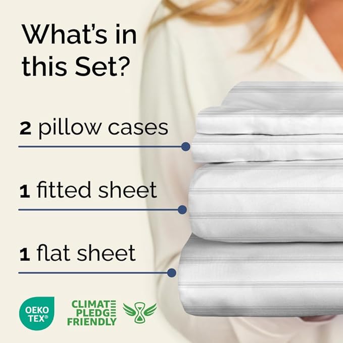 Light Grey and White Striped Sheets - 1 Flat & 1 Fitted Sheet & 2 Pillowcases w/ Deep Pockets - Wrinkle & Fade Resistant, Ultra-Soft, Breathable & Cooling - Luxury Pinstripe Bedding - Full Size