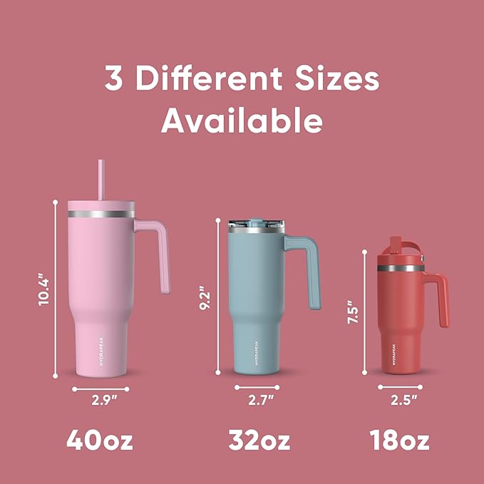 Hydrapeak Voyager 40 Oz Stainless Steel Tumbler with Handle, Insulated Water Bottle With Straw & Lid, Cupholder Friendly Reusable Travel Mug (Hot Pink)