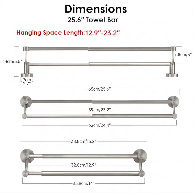BESy Adjustable 16-26 Inches Double Bath Towel Bar for Bathroom SUS304 Stainless Steel Towel Holder, Hotel Style Wall Mount with Screws Hand Towel Bar Towel Rack Rod Hanger, Brushed Nickel Finish