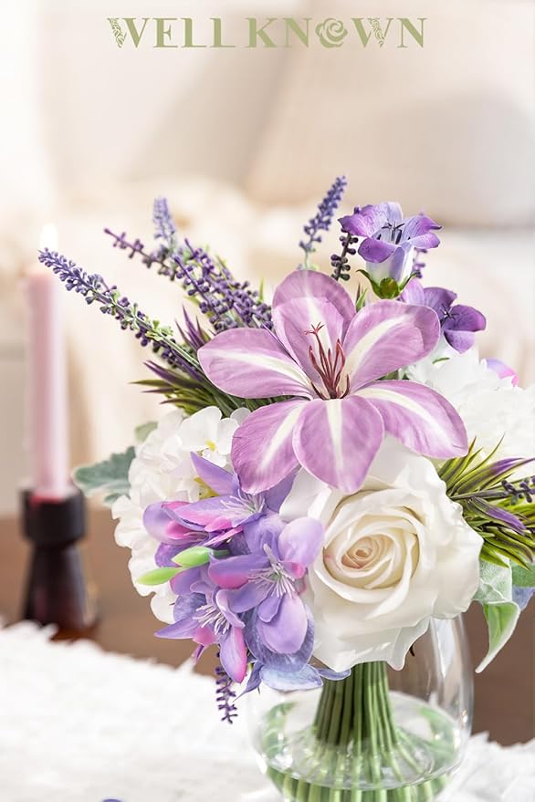 WELL KNOWN Fake Flowers in Vase Artificial Flowers with Fake Water, Real Touch Faux Silk Rose & Blooming Tulips Spring Flower with Lavender Arrangements for Table Decor (White Purple)