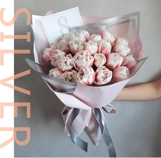 Silver Flower Wrapping Paper, Waterproof Floral Bouquet Wrapping Paper Florist Supplies, 20 Sheets