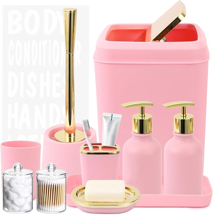 XLHOMO Pink Bathroom Accessories Set - 10 Piece Bathroom Accessory Set with Trash Can, Soap Dispenser, Soap Dish, Toothbrush Holder and Cup, Toilet Brush, Qtip Holder, Bathroom Decor Sets Complete