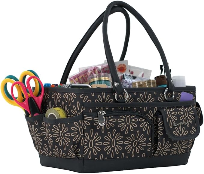 Everything Mary Junior Deluxe Store & Tote Organizer – Tan Geo Craft Caddy with Handles – Collapsible Storage Bag for Sewing, Scrapbooking, Art Supplies & DIY Craft Projects