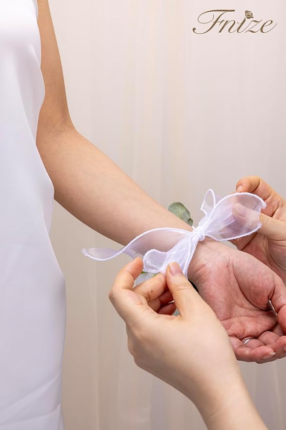 Fnize White Wrist Corsage and Boutonniere Set for Bride Groom Bridesmaids Groomsmen Wedding Homecoming Flowers Prom Suit Accessories, Rose Boutonniere and Corsage Wristlet Flower