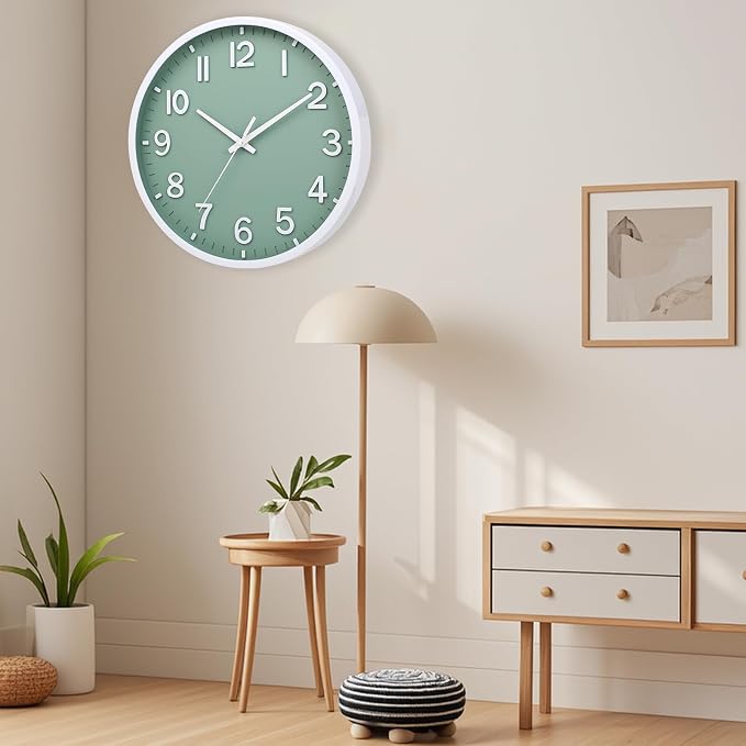 Wall Clocks Battery Operated 8 inch Modern Wall Clock,Silent Non Ticking Wall Clock for Living Room Bedroom Kitchen Office Classroom Decor (Green White)