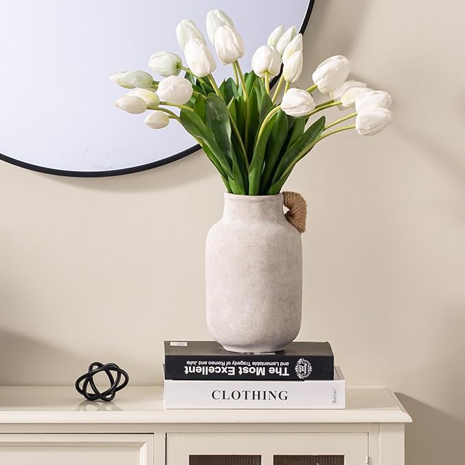 Ceramic Flower Vase Home Decor - 10.6 inch Tall Large White Rustic Table Flowers Vases with Handle Living Room Bedroom Plant Decoration Farmhouse Vintage for Kitchen Shelf Office Coffee Dining Desk