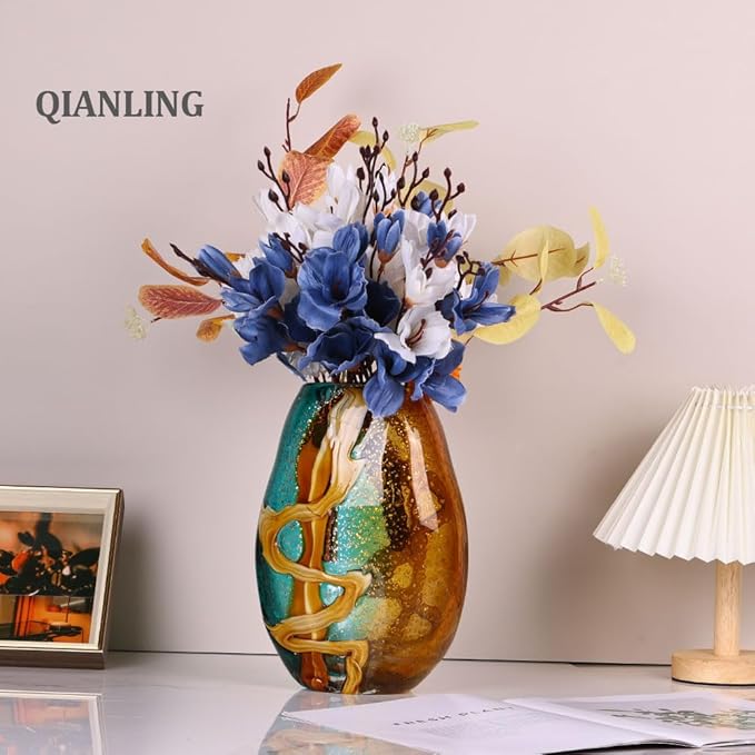 9.8" Hand-Blown Colorful Glass Vase - Green, Blue, Amber, Burnt Orange Decorative Vase for Home Decor - Modern Blue Green Glass for Centerpieces, Weddings, Living Room, Kitchen, Dining, Bedroom Decor