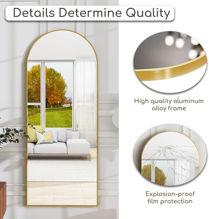 Dewfig Arched Full Length Mirror,64"x20" Gold Mirror with Stand, Full Body Mirrors for Leaning Against or Wall Mounted, Large Floor Mirrors for Bedroom, Living Room, Gold