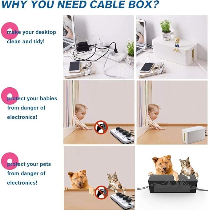 [Set of Three] Cable Management Boxes Organizer, Large Storage Wires Keeper Holder for Desk, TV, Computer, USB Hub, System to Cover and Hide & Power Strips & Cords (Ice White)