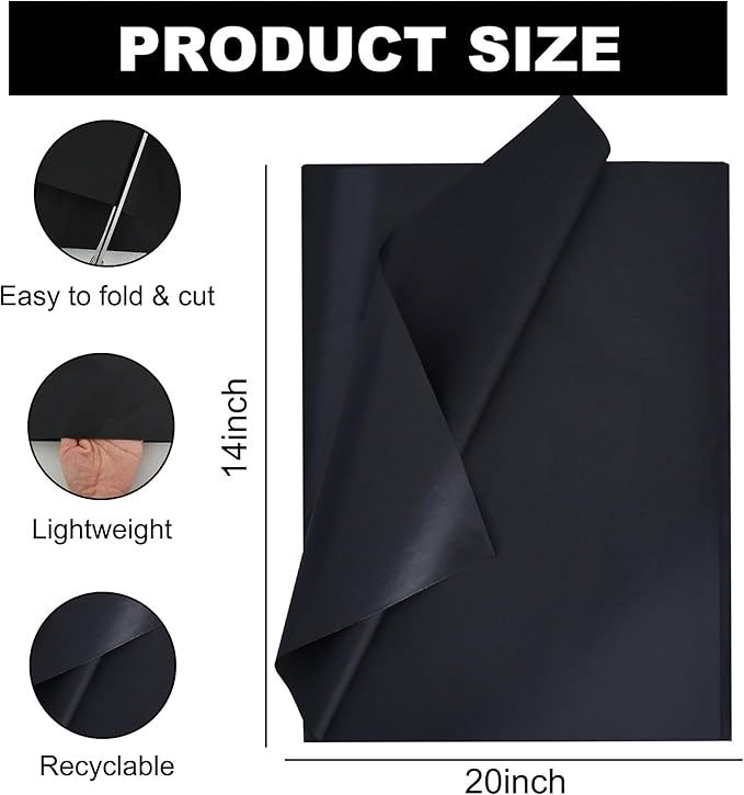 BEISHIDA 100 Sheets Black Tissue Paper Bulk, Wrapping Tissue Paper for Gift Bags, 14 x 20 Inch Gift Wrap for Halloween Birthday Wedding Graduation DIY Crafts Holiday Flowers