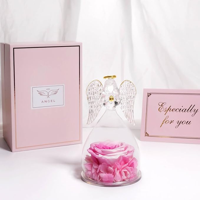 Yamonic Birthday Gifts for Women, Angel Figurines with Real Rose Gifts for Her Mom Grandma,Preserved Flowers Rose Gifts for Christmas Anniversary Birthday Gifts for Her (White+Pink)