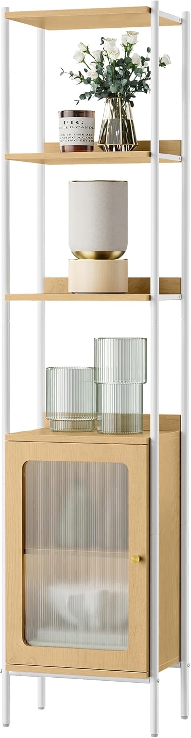 VASAGLE 6-Tier Bookcase - Slim Freestanding Storage Shelf with Adjustable PC Door | Oak Beige & Pearl White