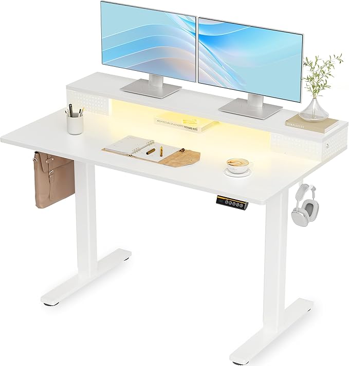 Claiks Electric Standing Desk with Shelf, 48 Inch Height Adjustable Standing Desk with LED Lights & Monitor Stand, White Frame/White Top