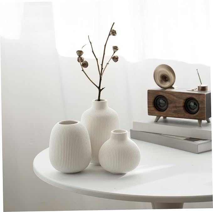 3Pcs Ceramic Vases, Ribbed Vase Set, Minimalist White Home Decor for Farmhouse, Coffee Table, Bookshelf Ceramic Vase