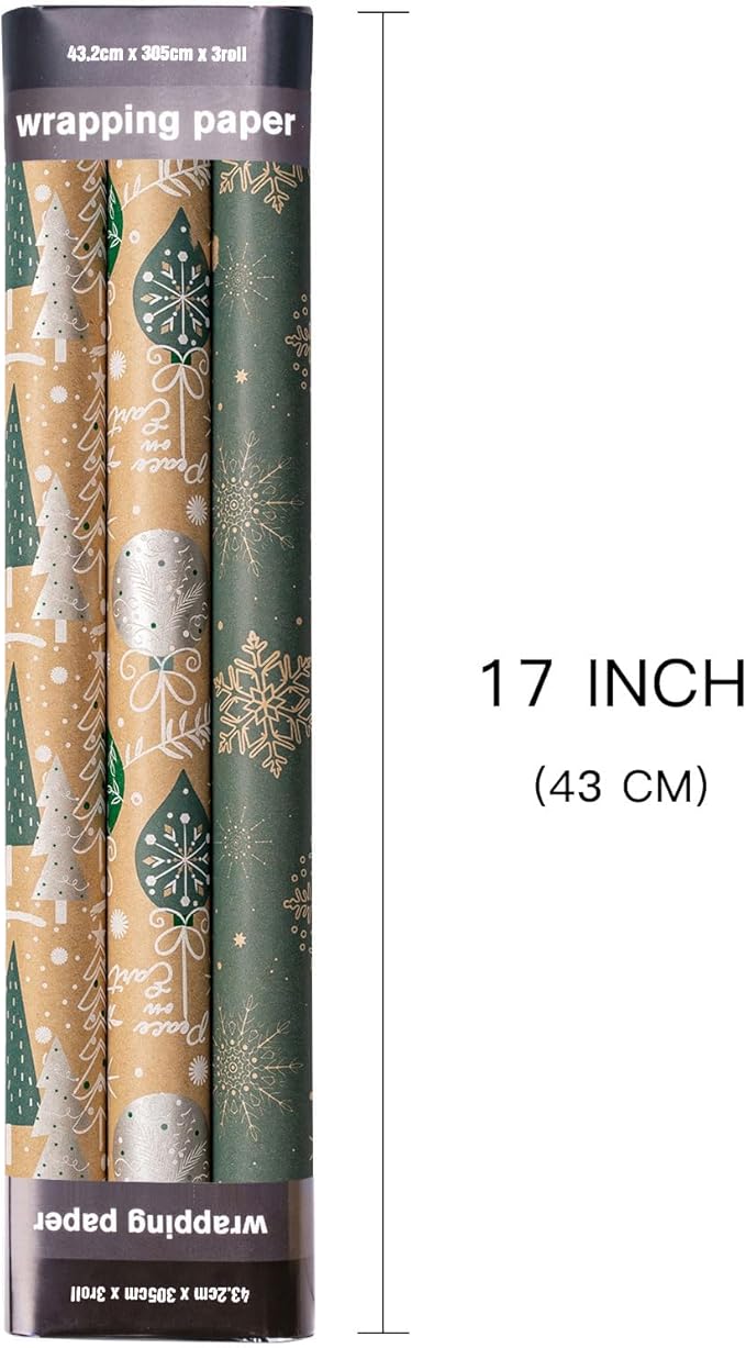 LeZakaa Christmas Kraft Wrapping Paper Roll, Brown Gift Wrap with Green & White Holiday Designs, Trees, Ornaments & Snowflakes Pattern for Christmas Presents, Arts Crafts, 17 x 120 inches, 3 Rolls