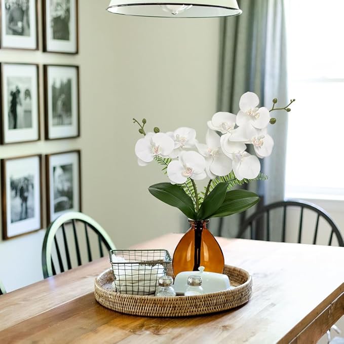 Oairse White Orchids Artificial Flowers, Faux Orchid in Glass Vase Real Touch Small Phalaenopsis Orchid Flowers Arrangements with Amber Vase Orchids Centerpiece for Dining Room Table