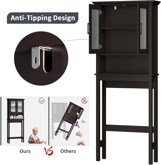 Over The Toilet Storage Cabinet, Over Toilet Bathroom Organizer with Glass Doors and Adjustable Shelf, Thicken Frame Above Toilet Storage Cabinet Behind Toilet Bathroom Organizer, Espresso