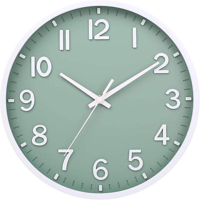 Wall Clocks Battery Operated 10 inch Modern Wall Clock,Silent Non Ticking Wall Clock for Living Room Bedroom Kitchen Office Classroom Decor (Green White)